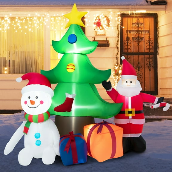 Gymax 7.2FT Inflatable Christmas Tree Snowman Santa Gift Bag Combination w/ LED Lights