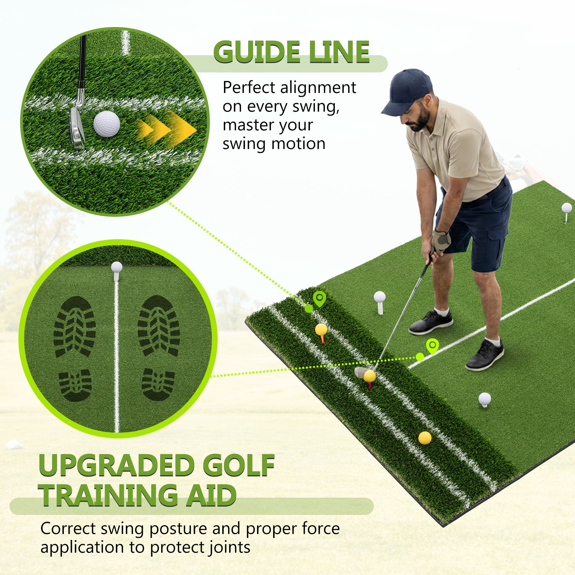 Golf Hitting Mat 5x4-Foot with Guide Line and 9 Tee Positions, Heavy Duty Swing Turf for Indoor and Outdoor Practice, Green
