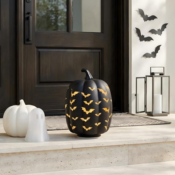 Light up Halloween Decoration - Black Ceramic Pumpkin with Hand-Carved Bat Cutouts, Internal Warm LED Halloween Jack-O'-Lantern, Spooky Home Decor for Living Room Shelf