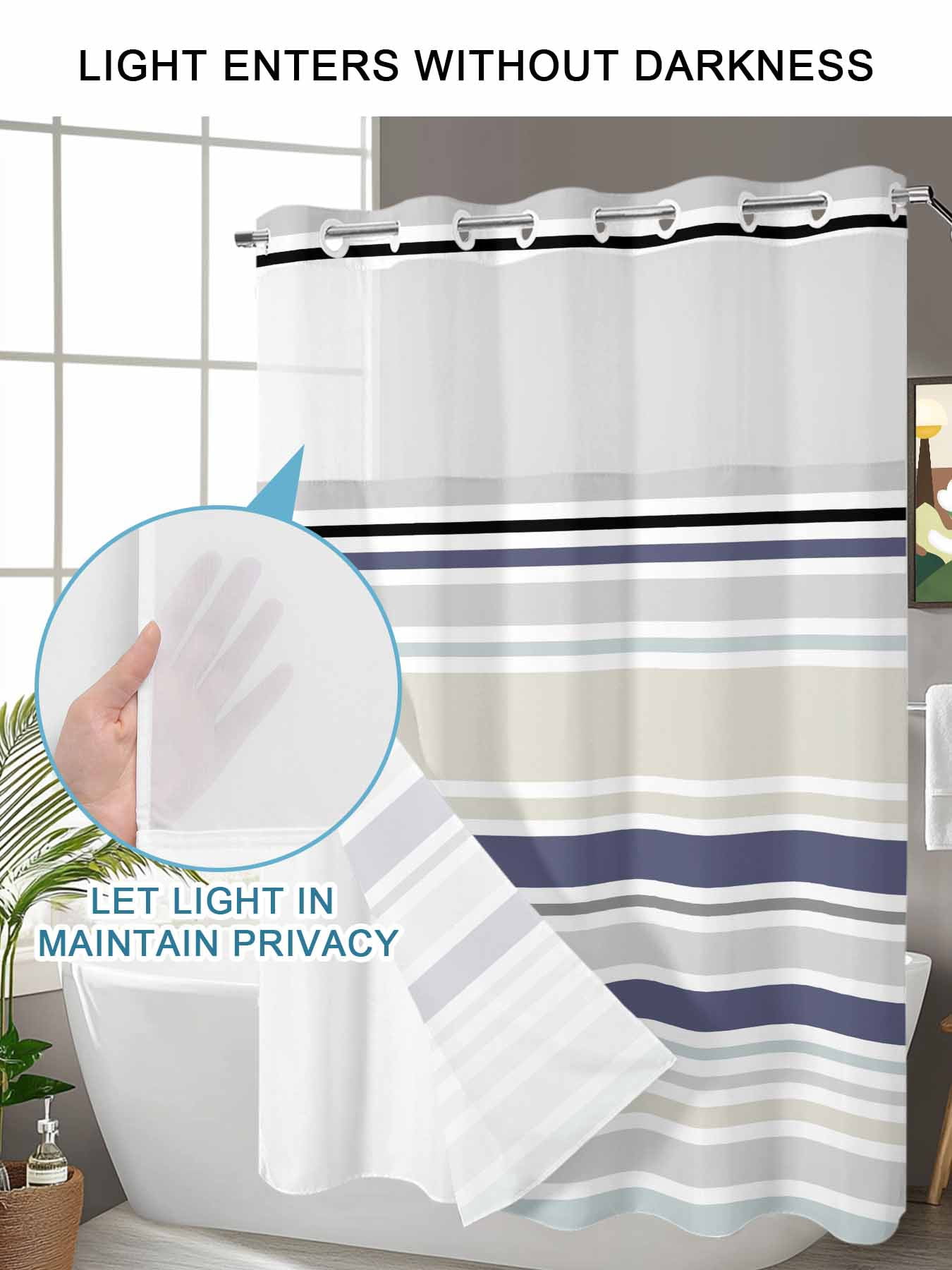 No Hook Shower Curtain with Snap in Liner,Classic Stripes Retro Waterproof Bath Curtain Double Layers with See Through Top Window,Blue Beige White Hotel Shower Curtains 72x72in