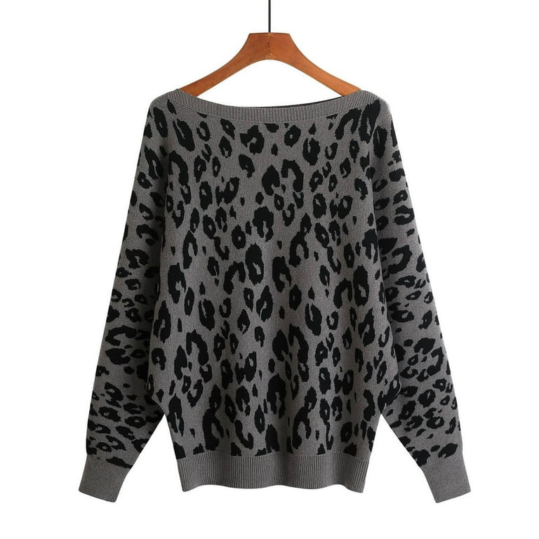 DeHolifer Sweater for Women Leopard Print Long Sleeve Crew Neck