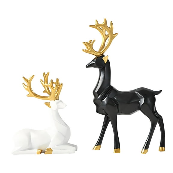 2pcs Christmas Reindeer Decor, Origami Style White and Black Reindeer Statue Set, LAMIRO Tabletop Deer Figurine for Holiday Home Decorations, Standing and Lying Reindeer for Christmas Decor