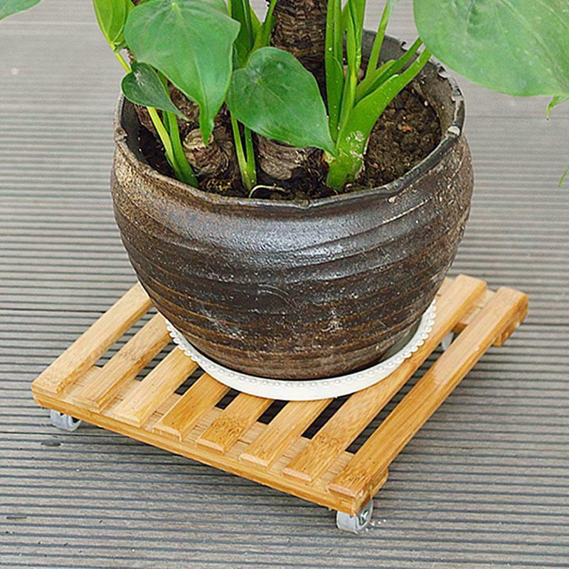 Acreny Wooden Movable Plant Pot Trolley Trays Plant Stand Caddy with 4 Wheels Rolling Base