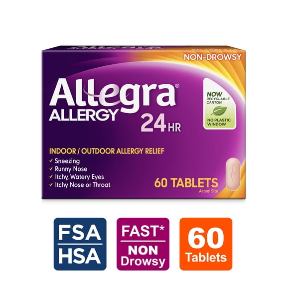 Allegra Adult 24-Hour Allergy Relief Tablets, Non-Drowsy Indoor and Outdoor Allergy Medicine, 180 mg Fexofenadine HCI Antihistamine Pill, 60-Count