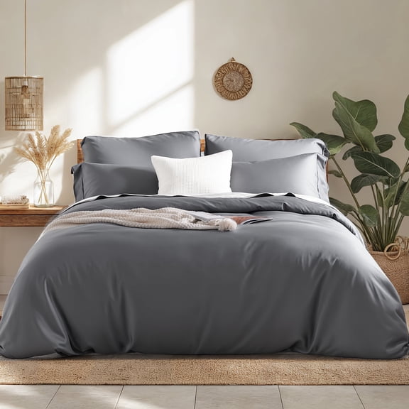 NEXHOME PRO Duvet Cover Queen, Duver Cover Set, Ultra Soft, Viscose from Bamboo Cooling, 1 Duvet Cover and 2 Pillowcases, 90"x90", Gray, Comforter Not Included