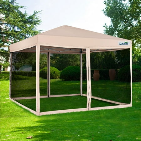 Screen Room Gazebo - Quictent 8x8 Ez Pop up Canopy with Netting Screen House Room Tent Mesh Sides Walls with Roller Carry Bag Tan