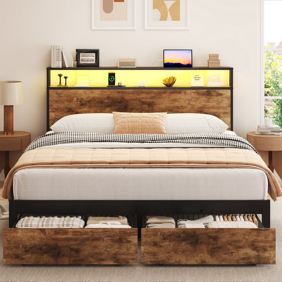 Lifezone Queen Bed Frame with 2-Tier Storage Headboard, Metal Bed Frame with Storage Drawers & Built-in Charging Station & LED, Noise-Free, No Box Spring Needed, Easy Assembly, Retro Brown