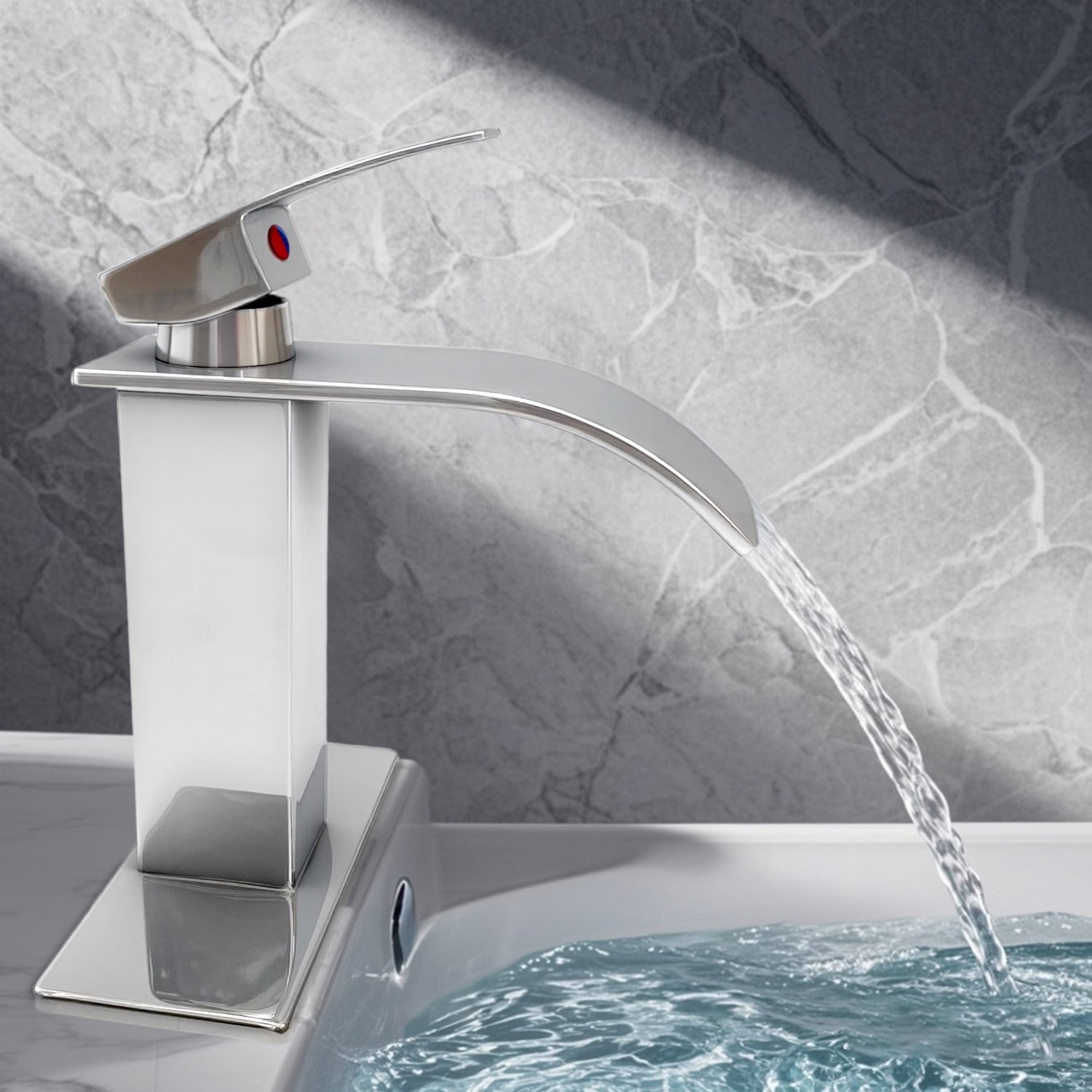 Bathroom Sink Faucet Waterfall Spout Hold & Cold Mixer Tap Single Handle Modern Lavatory Vanity Sink Faucet with Hose Deck Plate for 1 or 3 Holes, Chrome