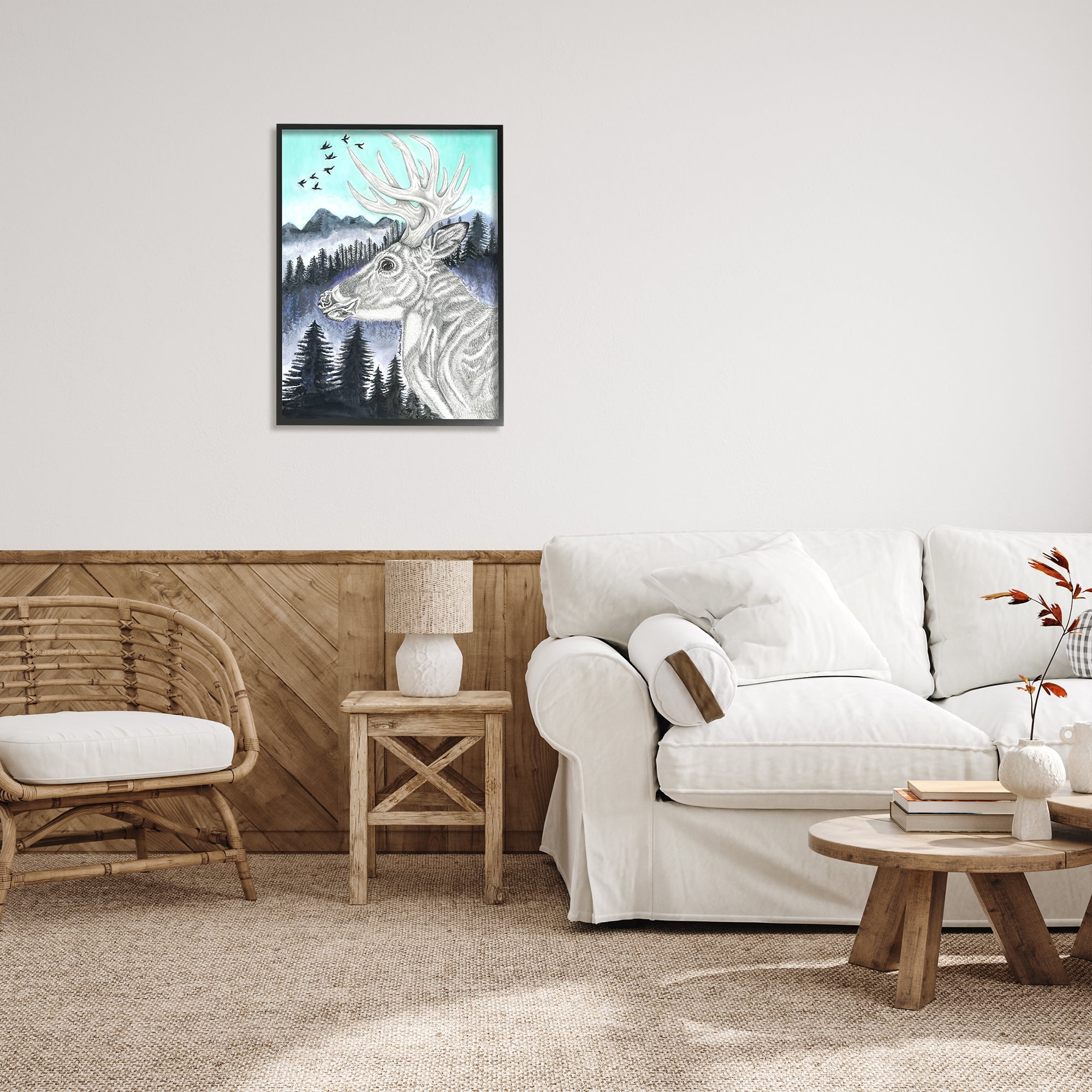 Stupell Indtries Elk Pencil Pattern Portrait Blue Mountain Forest Landscape,24 x 30,Design by Andrea Kochish