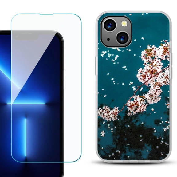 Slim-Fit TPU Phone Case for iPhone 14, with Tempered Glass Screen Protector, by OneToughShield ® - Night Blossom