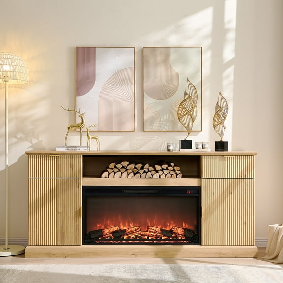 IFGET 80" Fluted Fireplace TV Stand with 36" Electric Fireplace, Modern Entertainment Center with Drawers and Adjustable Shelves for Living Room