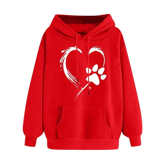 XPMWRP Women's Heart Graphic Print Hoodie Drawstring Sweatshirts Long Sleeve Oversized Pullover Casual Loose Fit Fall Winter Sweatshirts With Pocket Red S