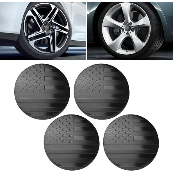 4 PCS Car Hubcap Decorative Sticker, 2.2" x 2.2" American Flag Patriotic Element Design Rim Center Protection Cover, Self-Adhesive Quick Installation Accessories, for Most Cars Black