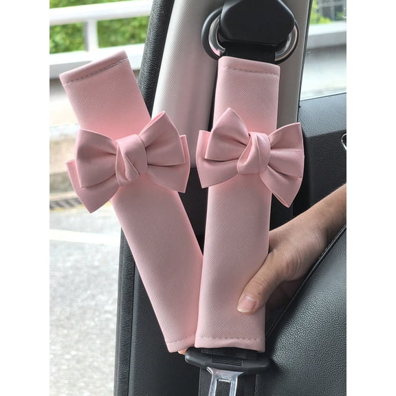 2pcs Cute Bow Car Seat Belt Shoulder Protectors – Pink Leather Seatbelt Pads for Women & Girls