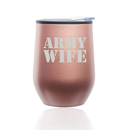 

Stemless Wine Tumbler Coffee Travel Mug Glass With Lid Army Wife (Rose Gold)