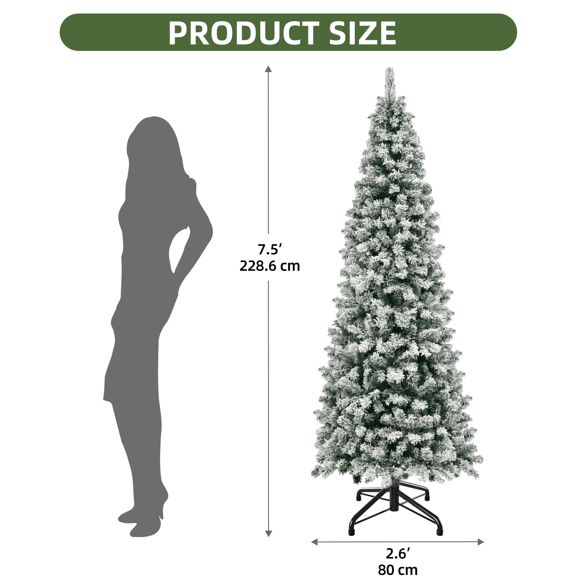 Uforic 7.5ft Pre-lit Snow Flocked Pencil Christmas Tree with 1000 Branch Tips & 350 Lights, Remote Control, White Flocked