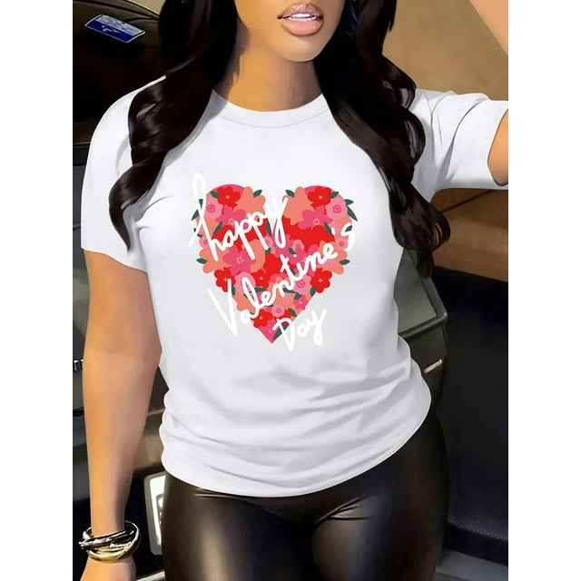 Women's "Happy Valentine's Day" Black T-Shirt with Red Heart & Floral Design - Casual Crew Neck, Short Sleeve Top, Stretchy Polyester Blend, Machine Washable Tee For Adult, Men, Women, Teen, Teenager