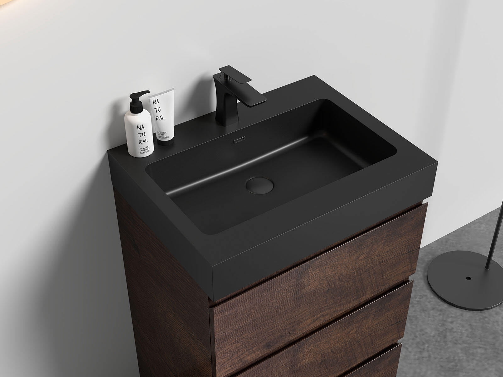 Vanity With Sink, BB02-24-109, Integrated engineered quartz basin WITHOUT drain and faucet, matt black color, Matt Black Bathroom Vanity,Quartz Single Sink Vanity, Bath & Faucets Bathroom Vanities