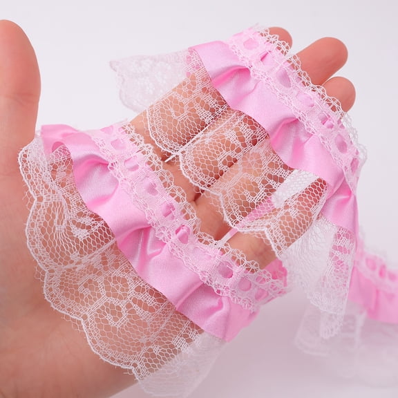 IDONGCAI Pink Lace Ruffle 3-Layer Ruffles Edge Trims Satin Pleated Lace Trim 5 Yards for Sewing Costumes Bridal Wedding DIY Crafts