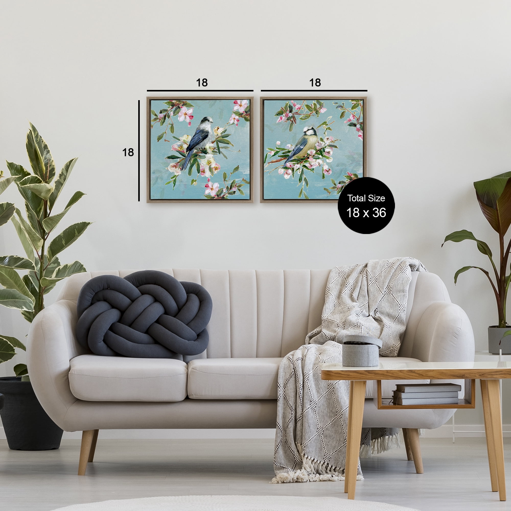 Stupell Industries Songbirds Among Spring Blossoms 2 Piece Brown Framed Floater Canvas Set, design by Sally Swatland
