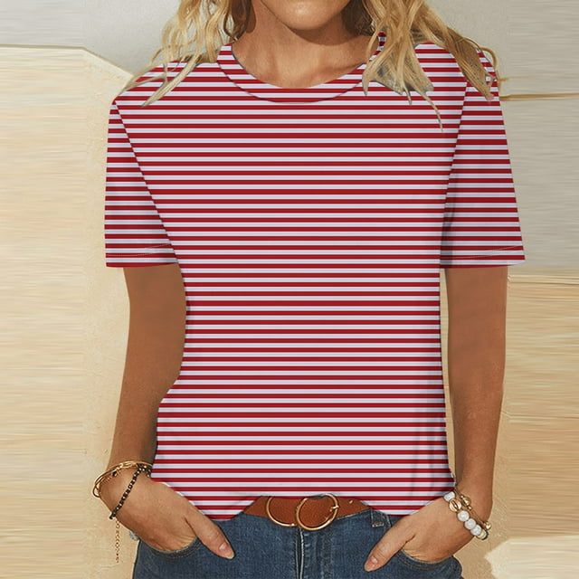 T-Shirt à Rayures pour Femme, Haut Décontracté à Col Rond et Manches Courtes, T-Shirt Imprimé Mode, Tissu Extensible Doux