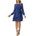 thumbnail image 2 of Vestido de mujer Inspire Chic de otoño, cuello redondo, manga larga, con cinturón en la cintura, volantes, mini, estilo skater, talla XL, azul oscuro, 2 of 5