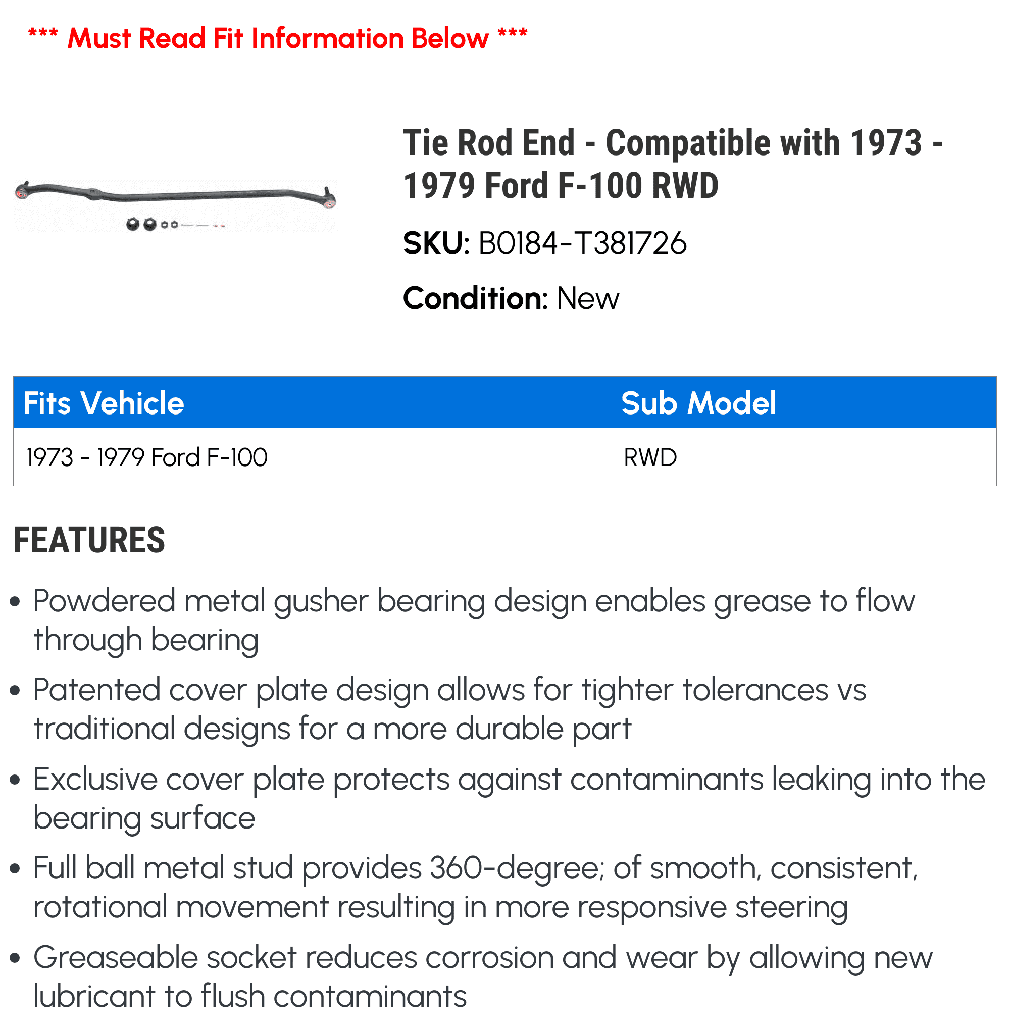 Tie Rod End - Compatible with 1973 - 1979 Ford F-100 RWD 1974 1975 1976 1977 1978