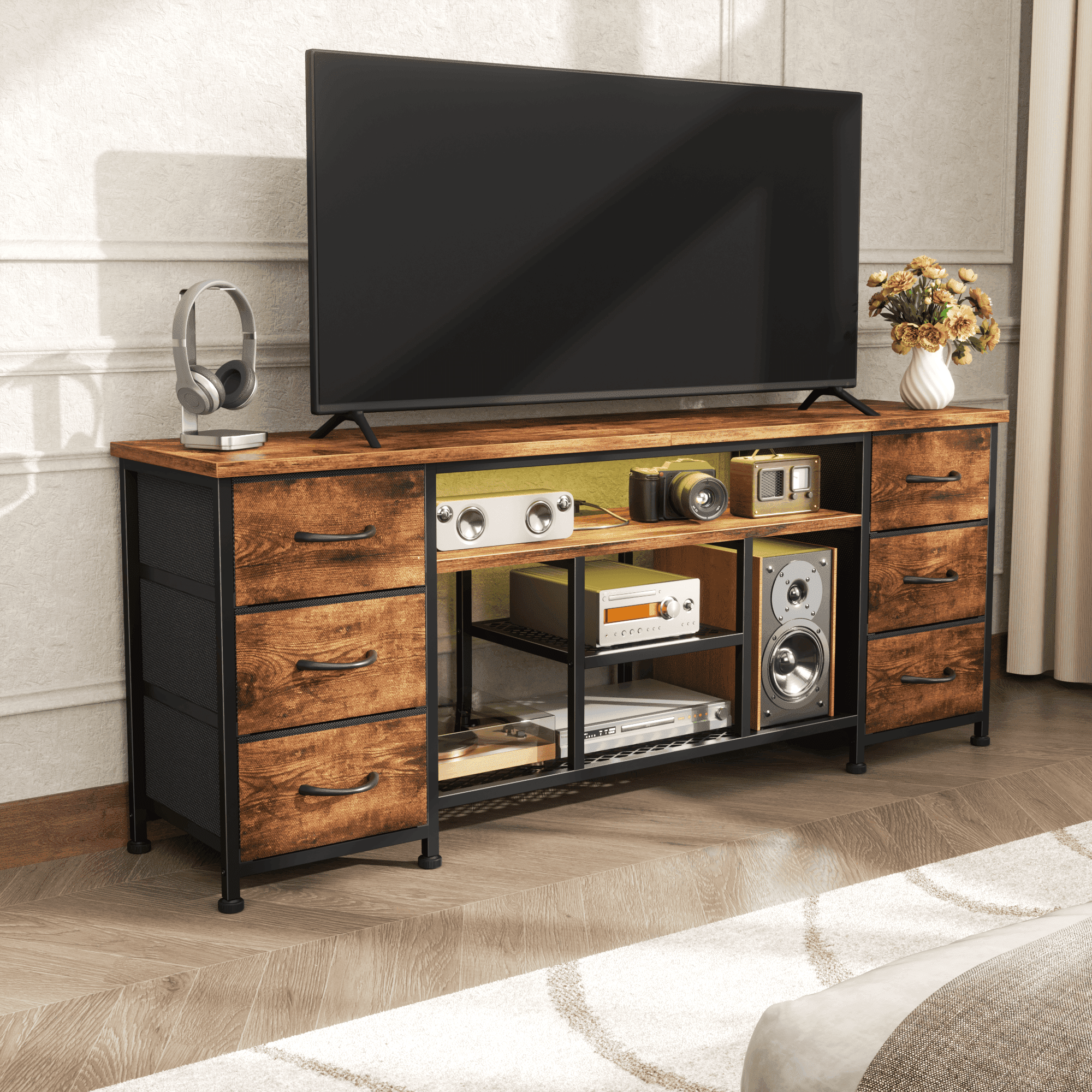 Tydimor Modern TV Stand for TVs up to 60", LED Entertainment Center with Power Outlets and 6 Drawers, Media Console with Storage for Living Room, Rustic Brown