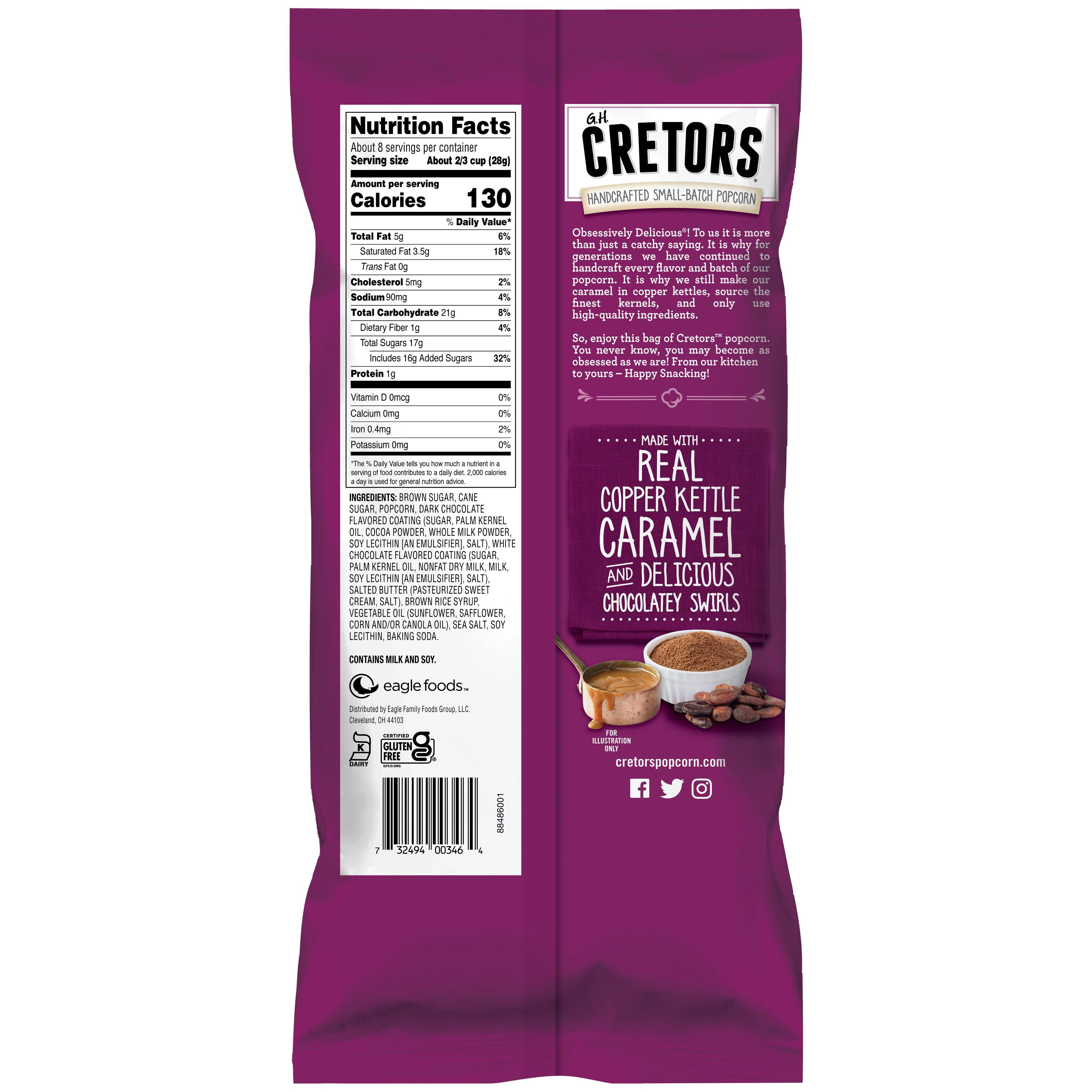 (6 pack) Caramel Chocolatey Swirl Flavored Popped Corn, 8 Ounces Bag.