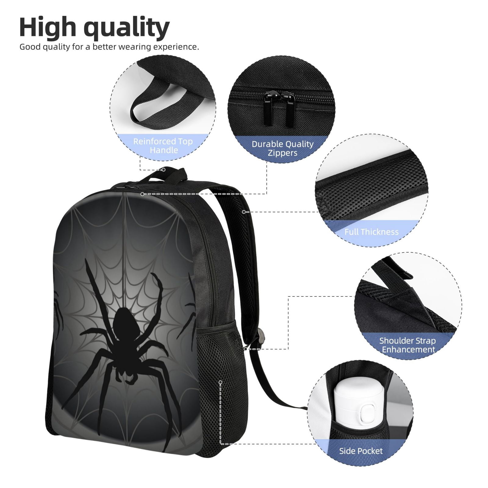 Xecao Black Spiders Print School Backpack with Laptop Compartment Small Travel Laptop Backpack for Women Men Waterproof College Backpack Simple School Bag