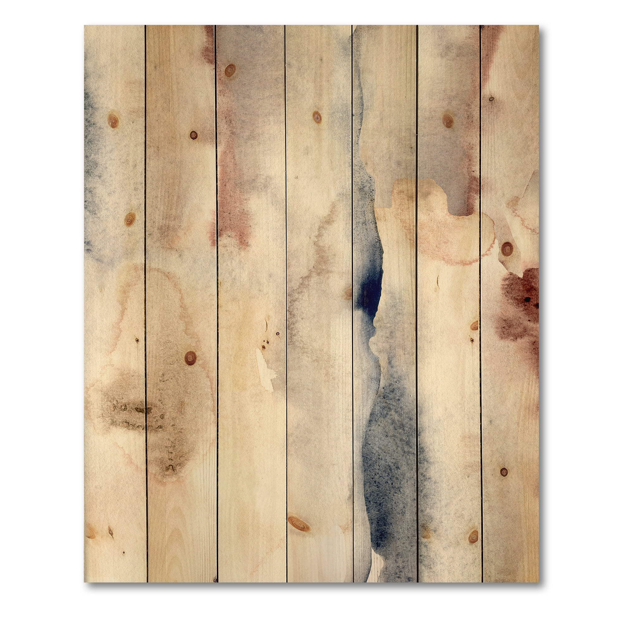 Designart 'Pastel Abstract With Pink Dark Blue and Gray Spots' Modern Print on Natural Pine Wood