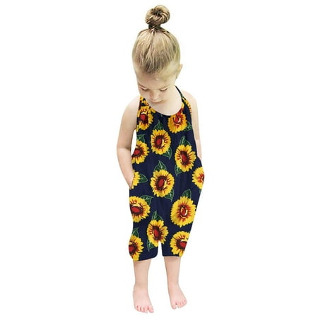 

Lindanina Baby Girl Slouch Jumpsuit Sunflower Harem Strap Romper for Toddlers Cute Tropical Backless Halter Playsuit Sleeveless with Pockets Little Kids One Piece(Sunflower 4-5T)