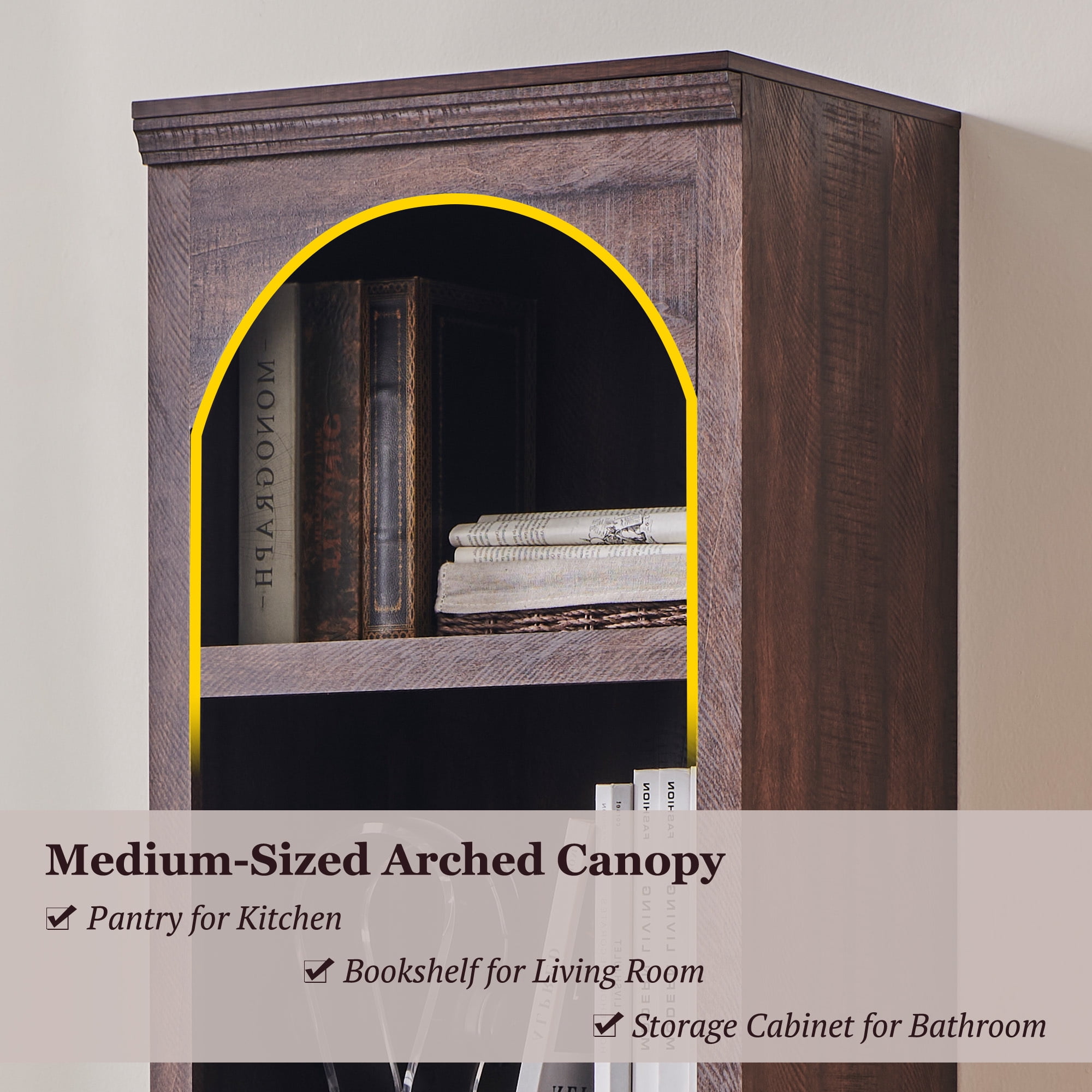 SinCiDo Tall Arched Bookcase, 5-Tier Narrow Bookshelf with Open Display Shelves for Living Room, Brown