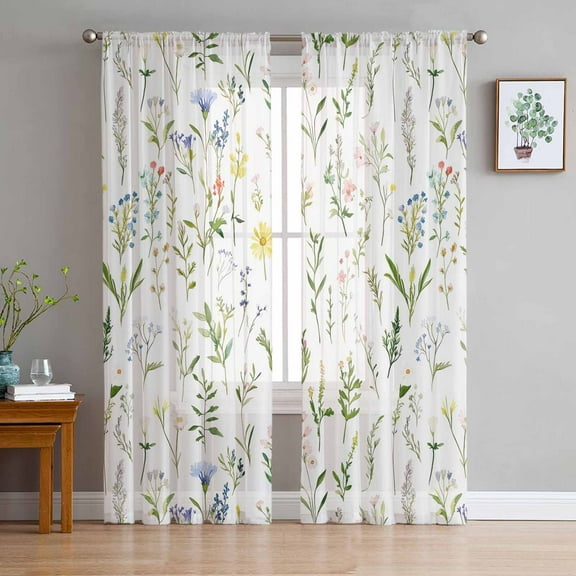 Green Flower Leaf Sheer Curtains 84 Inches Long 2 Panels Set, Window Sheer Curtains for Living Room/Bedroom, Vintage Botanical Plant Watercolor Light Filtering Rod Pocket Curtain 52'' x 84'' x 2