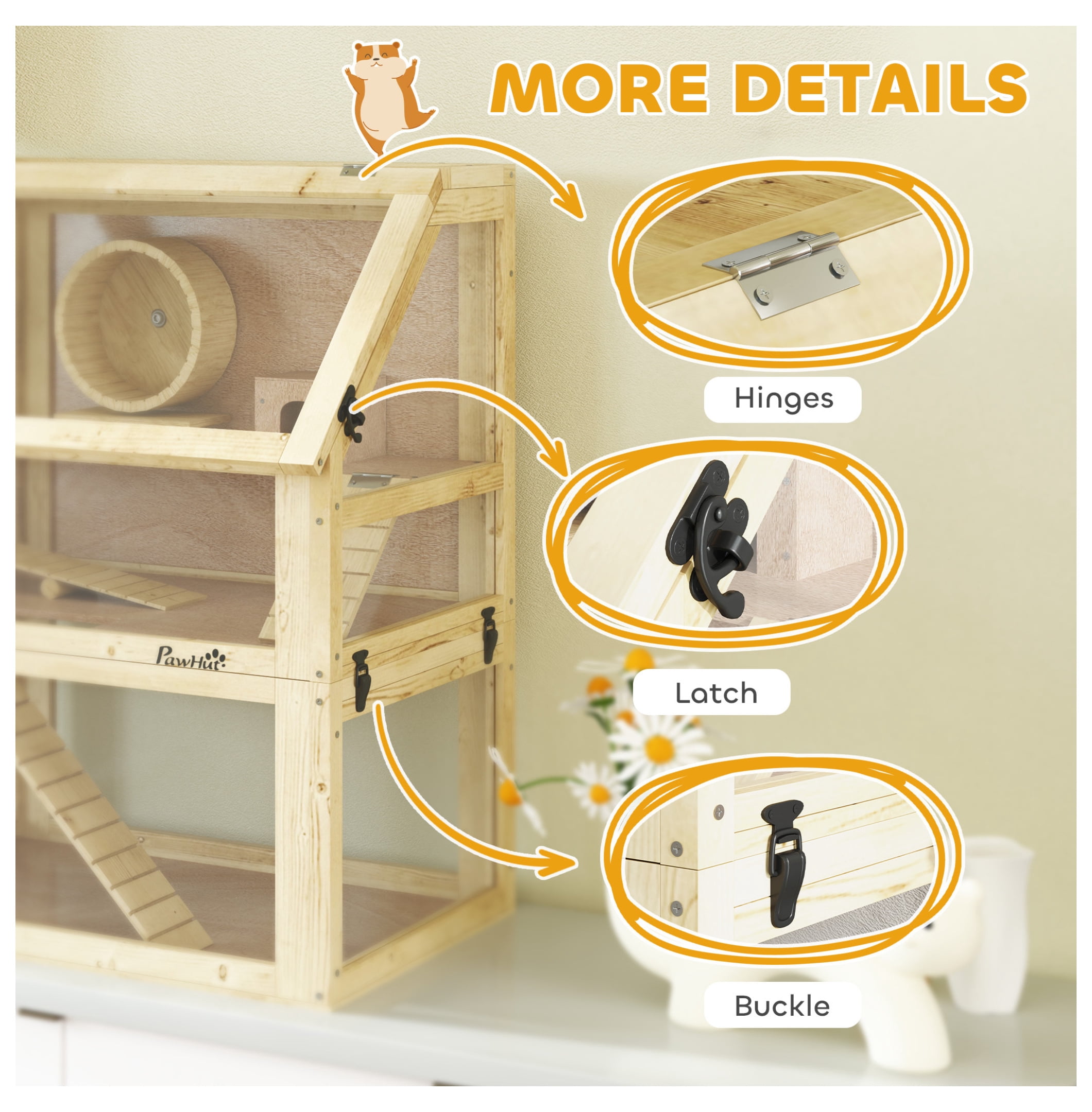 Hamster Cage 3 Tier Wooden w/Wheel, Hut & Seesaw - 24x16x29.5in - Small Animal Habitat for Hamsters, Gerbils & Mice