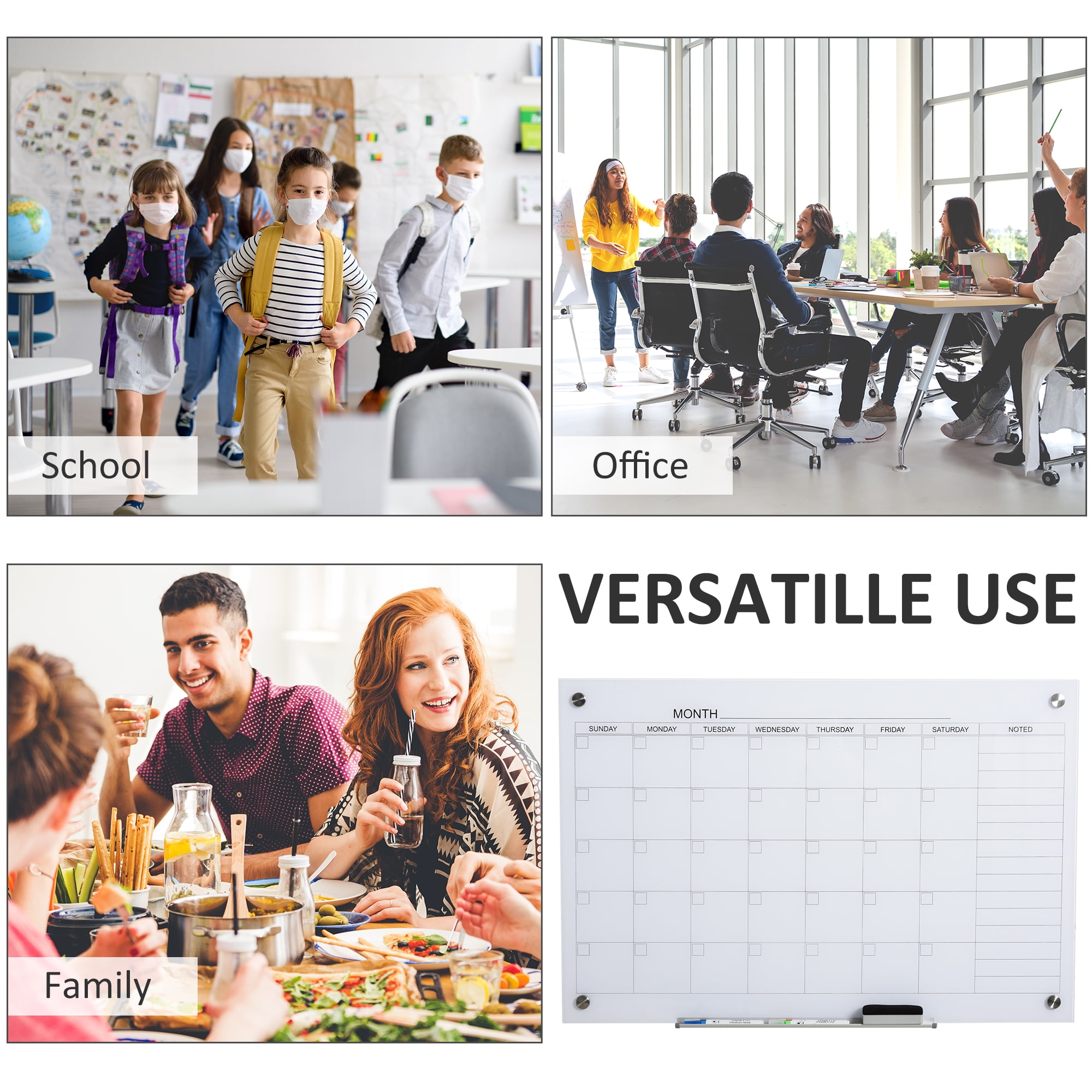 Vinsetto 35"x23" Dry Erase Wall Calendar Glass Whiteboard Monthly Planner for Homeschool Supplies & Home Office Organization w/ 4 Markers and Eraser