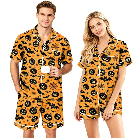 JULMCOMO Halloween Couples Matching Pajama Sets Pumpkin Ghost Print Button Down Holiday Party 2 Piece Sets Soft Comfy Shorts Pajamas Ginger-Women M