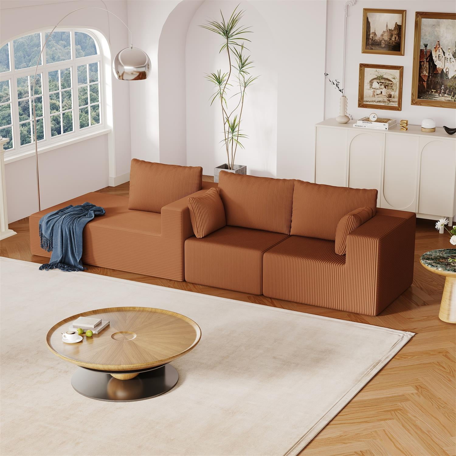 Demi Bonn 108" L-Shaped Modular Foam Sofa with Chaise Lounge, Cloud-Like Comfort Couch, Corduroy Sectional for Living Room, Brown