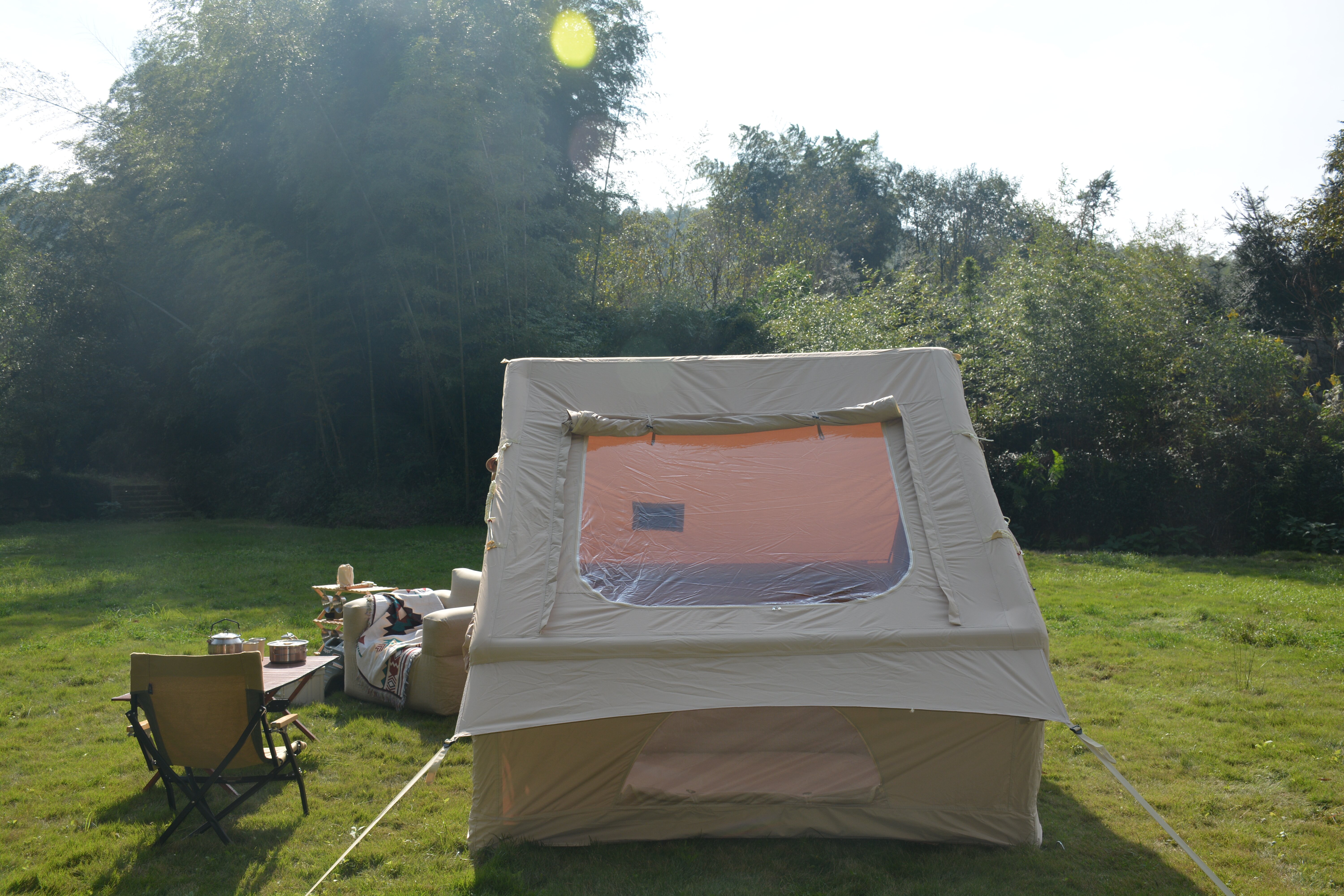 iCapeson 4-6 Person Hot Tent with Stove Jack, 5-Min Easy Setup Inflatable Glamping Tent, All-Season Waterproof Windproof Blow Up Air Tent, High-Performance 300D Fabric (Beige)