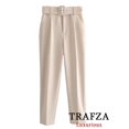 thumbnail image 4 of TRAFZA-trajes de oficina para mujer, color Beige, manga larga, cuello en V, chaqueta de gran tamaño + pantalones de pierna ancha de cintura alta, conjuntos Vintage de moda 2024, 4 of 5