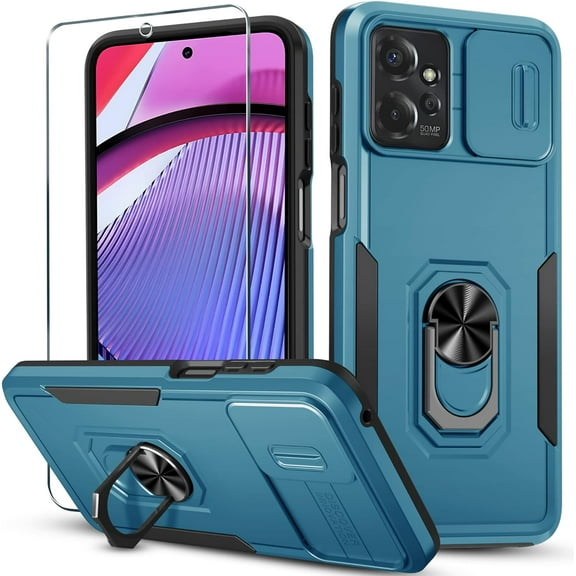 for Motorola Moto G Power 5G 2023 Case with 1 Screen Protector[Not for 2022 Version],Slide Camera Lens Cover Finger Ring Stable Kickstand,Shockproof Protective Phone Cover,Blue