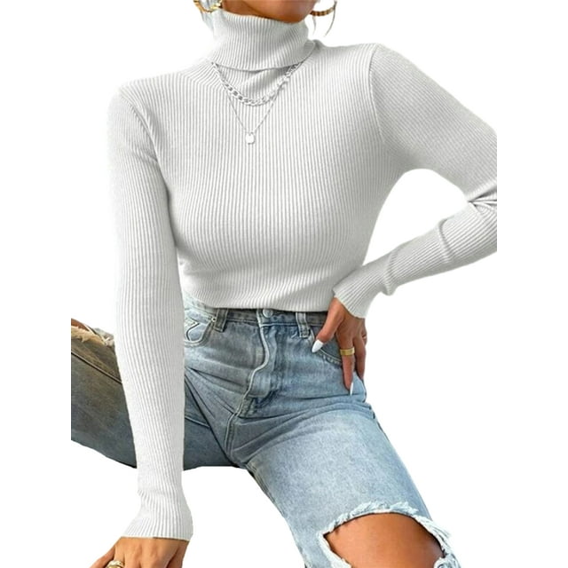 UKAP Women Knit Shirts Turtleneck Pullover Long Sleeve Tops Basic Work Sweater White M