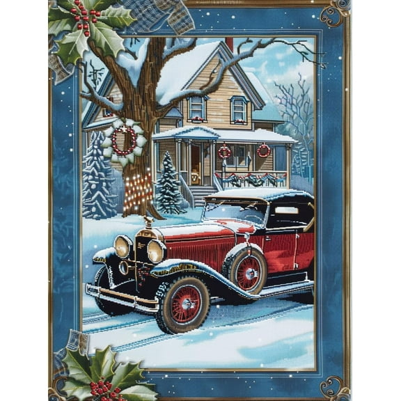A Vintage Car House Christmas Snow Scene DIY 11CT Stamped Cross Stitch Kits for Beginners Easy Needlepoint Embroidery Counted Cross Stitch Art Craft for Wall Decoration 12x16inch(3)