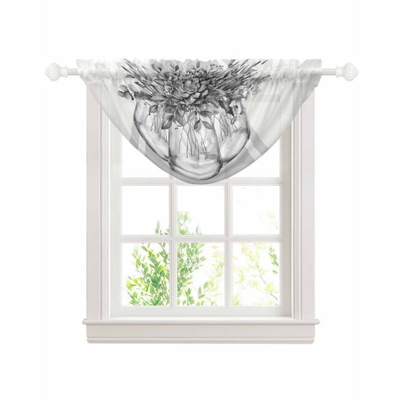 Eucalyptus Grey Sheer Waterfall Valance Curtains for Window, Vintage Bottle Succulents Flower Stripes Rod Pocket Sheer Topper Swag Curtains for Living Room, Kitchen 38.5"W x 47.2"L, 1 Panel