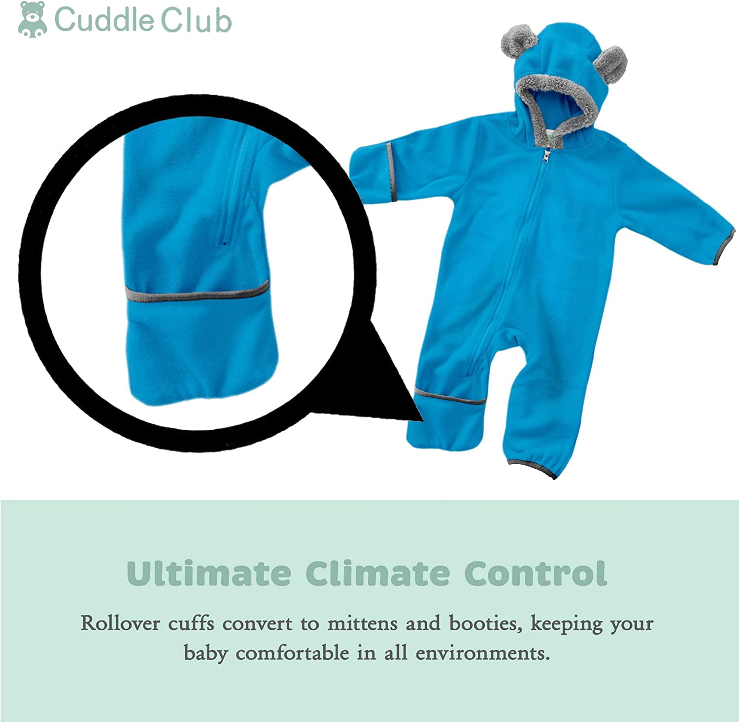 Cuddle Club One Piece Romper Hooded Fleece Onesie Jumper for Baby, Bear Blue 3-6 Mos