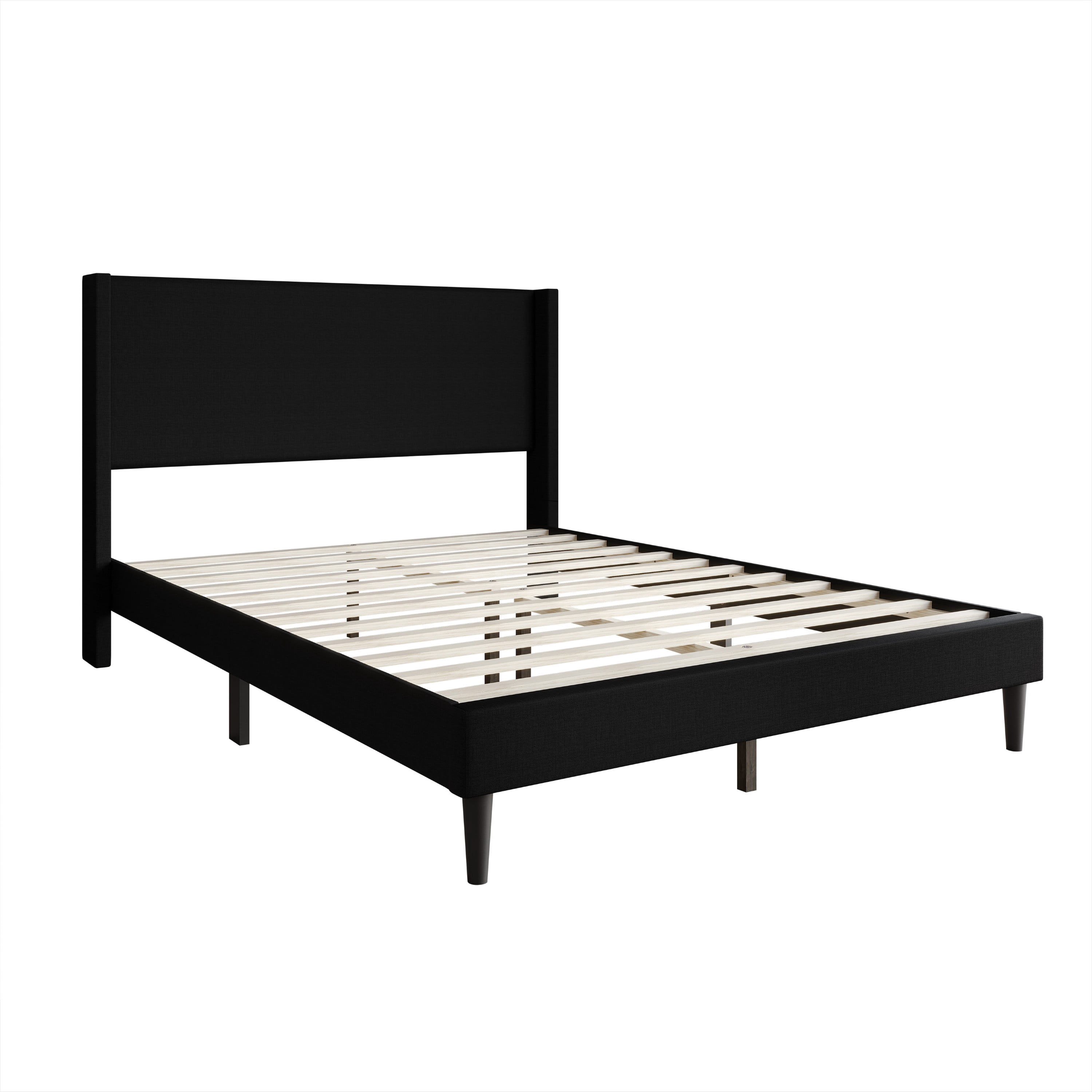 Home Design Bangor Full Upholstered Wingback Platform Bed Frame, Linen, No Box Spring Required, Black