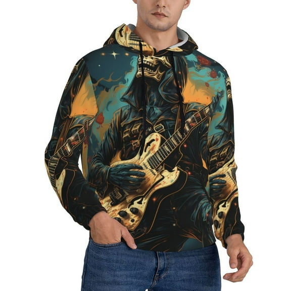 Men's Hoodie Pullover Casual Hooded Sweatshirt 3D, Skull Playing Guitar Heavy Metal Rock Skeleton