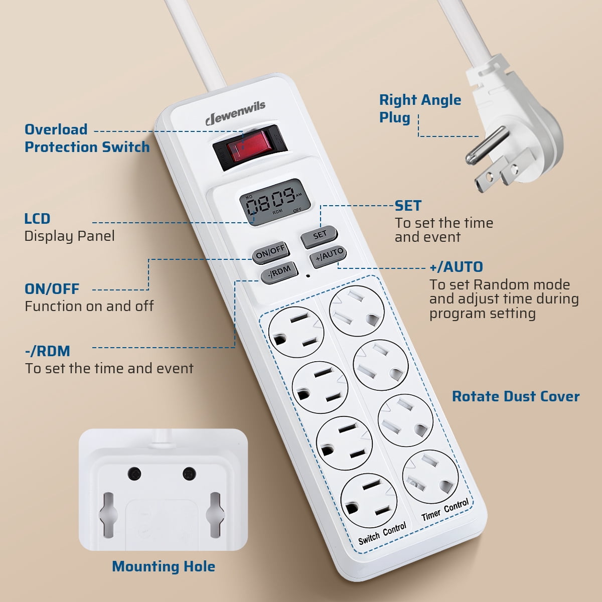 DEWENWILS 8-Outlet Power Strip with Timer (4 Timed/ 4 Always On), Digital Timer Outlet for Reptile Light, Turtle Grow Light Indoor Bearded Dragon Tank Accessory Aquarium, 6ft SJT Cord, 15A