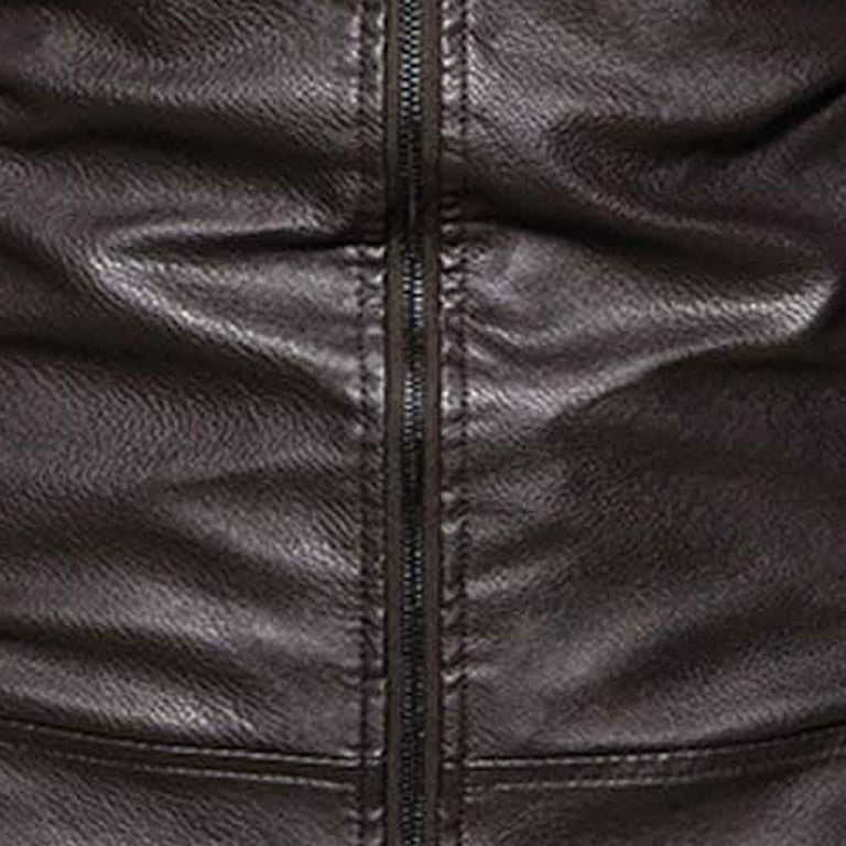 Ssaavkuy Winter Stylish Mens Autumn Winter Long Sleeve Leather Motorcycle Jacket Zip Up Coat Long Sleeve Hoodless Faux Leather Outwear Jackets Coffee