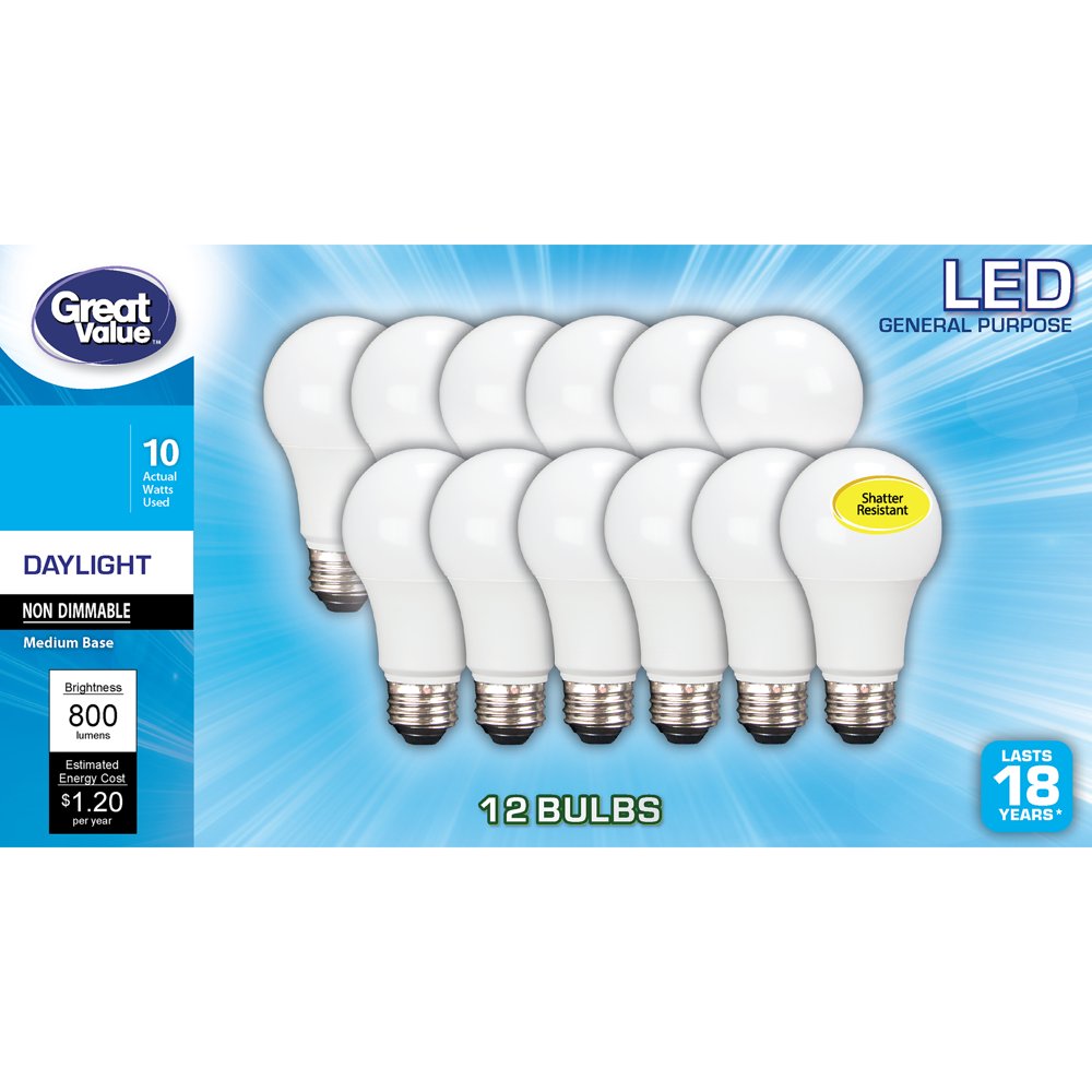 Great Value LED Light Bulb, 10W (60W Equivalent) A19 General Purpose